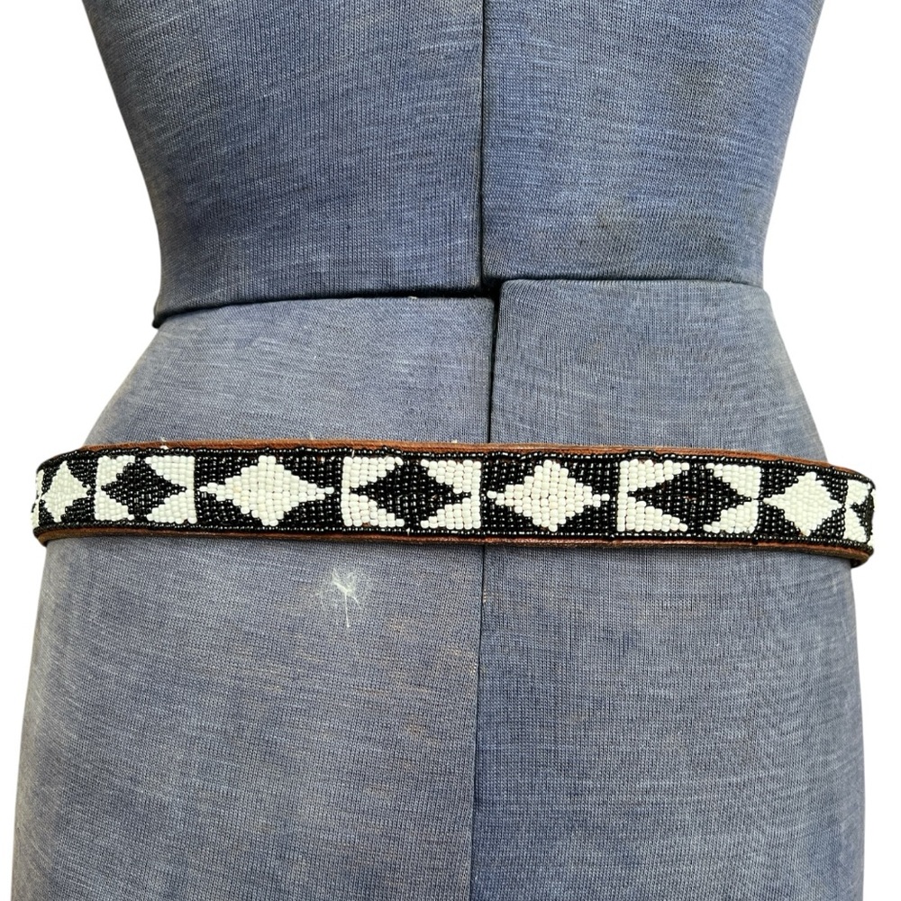 Black White Diamond Check Brown Leather Belt